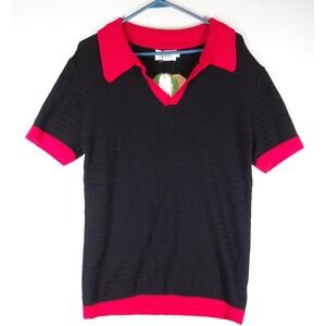 Oxknit Polo Shirt Mens Medium Black Red Retro 60s 70s Style Textured Knit New
